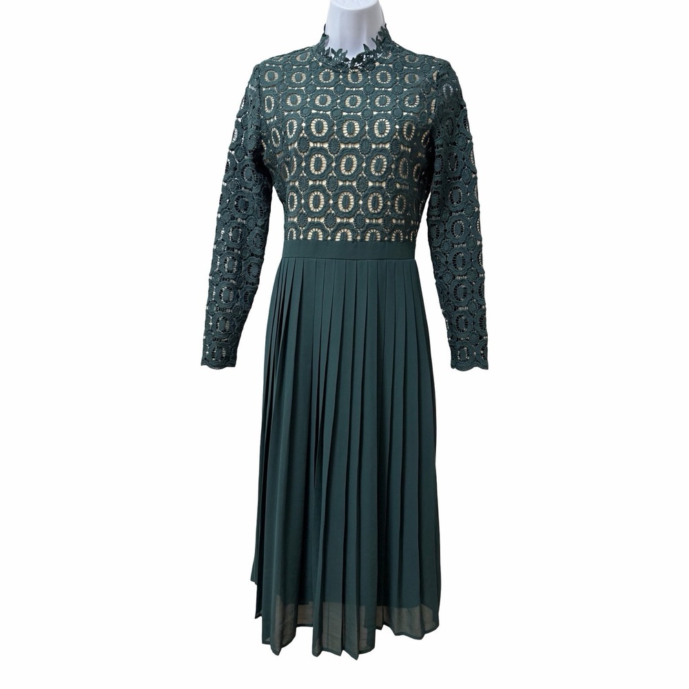 Ivy City Co Arabella Crochet Lace Pleated Midi Dress Size XS Hunter Green Modest